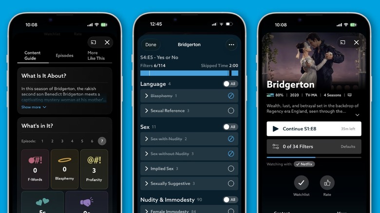 Three different cellphones displaying various parts of the VidAngel app including certain settings and the show "Bridgerton"
