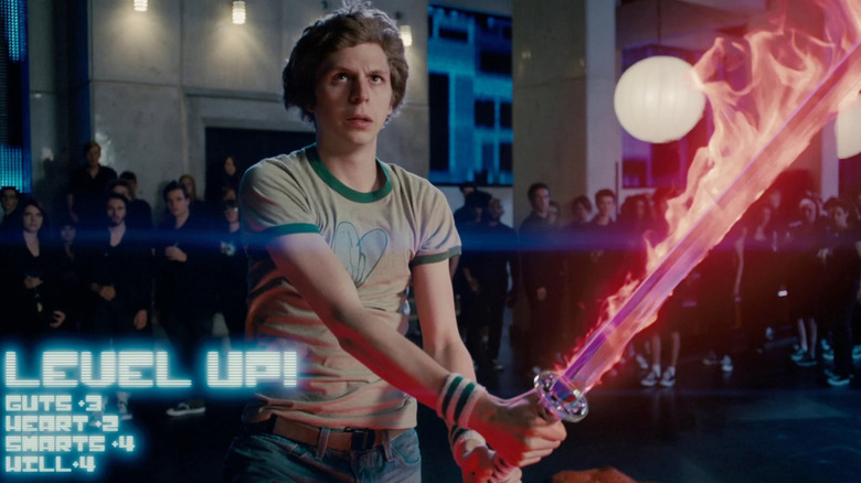 Scott Pilgrim holding a flaming sword
