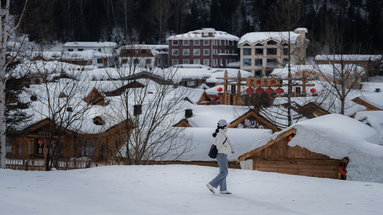 A person walking through a snowy town.
