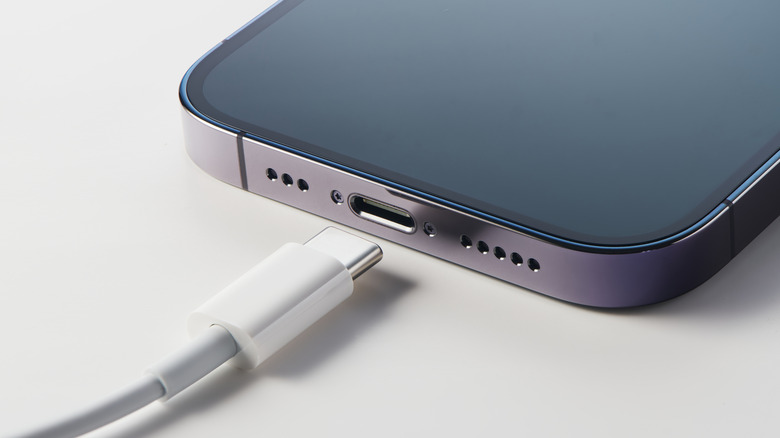 USB-C cable next to iPhone port on white surface