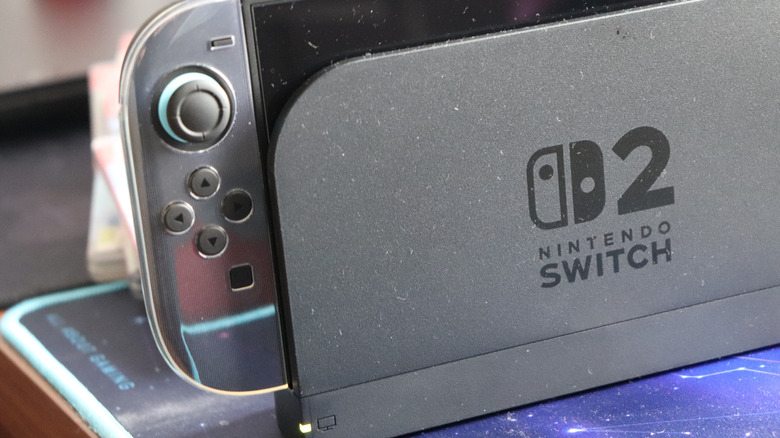 A Nintendo Switch 2 in its dock.