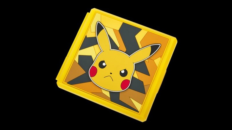 PowerA Pikachu Switch game cartridge case in front of a black background