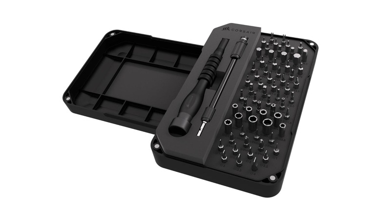 The Corsair PC DIY Precision Toolkit with screwdriver bits in an open case.