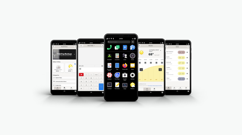 Five Librem 5 phone displaying various menus and appications