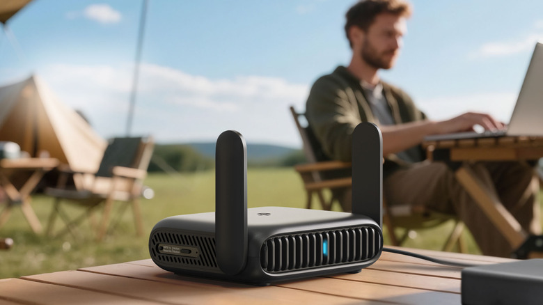 TP-Link travel router on picnic table at a campsite