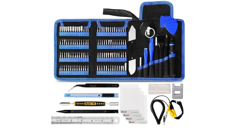Kaisi electronics repair toolkit with precision bits, screwdrivers, spudgers, tweezers, opening picks, and anti-static accessories.