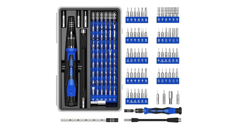 ORIA precision screwdriver kit with multiple bits, extensions, and handles arranged on a white background.