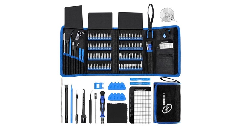 STREBITO electronics repair toolkit with precision bits, screwdrivers, spudgers, opening picks, tweezers, and accessories.