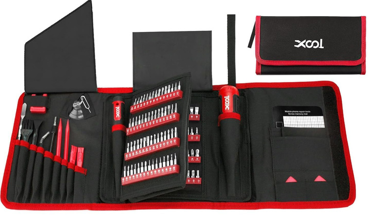 XOOL electronics repair toolkit with precision bits, screwdrivers, spudgers, tweezers, and opening tools.