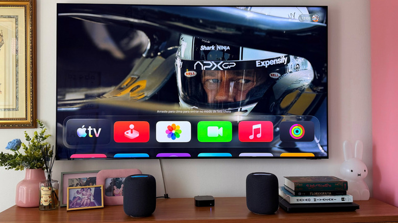 Apple TV 4K setup with a pair of HomePod 2 devices on a Samsung NeoQLED 8K.