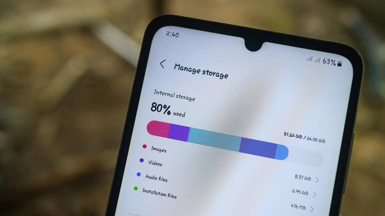 android phone showing 80% of base storage used