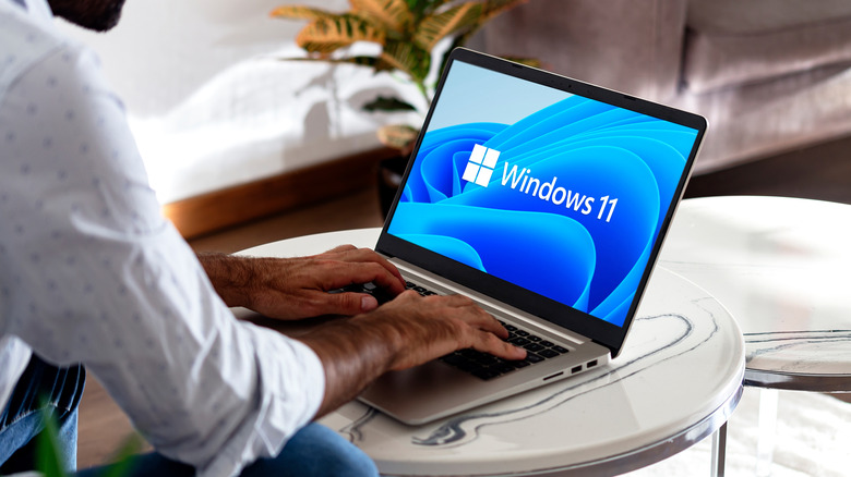 A person using a laptop with the Windows 11 logo being displayed on the screen