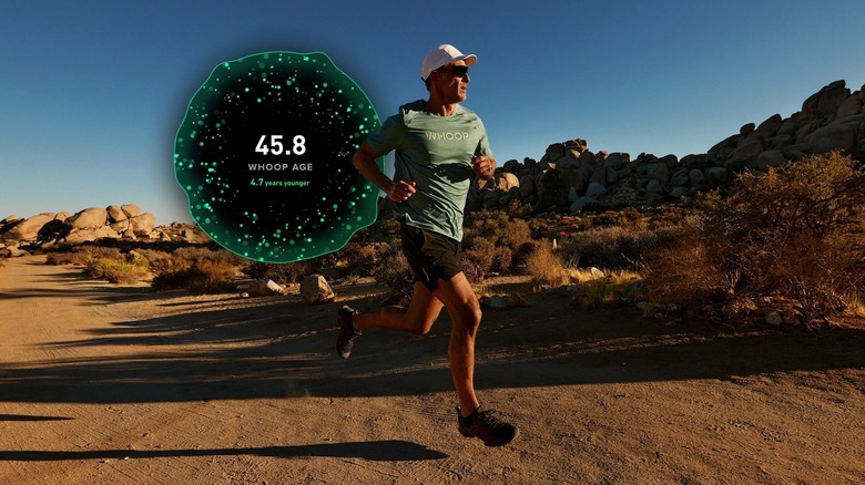 A runner using a Whoop band, with the Whoop Age feature estimating their perceived age.