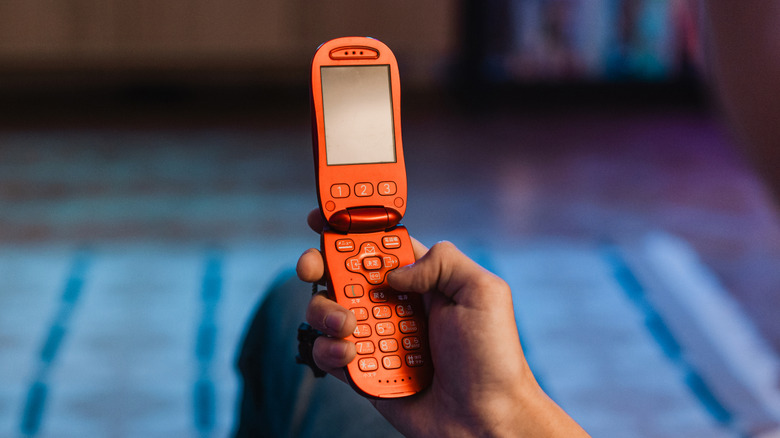 A person using a flip phone while sitting in a living room.