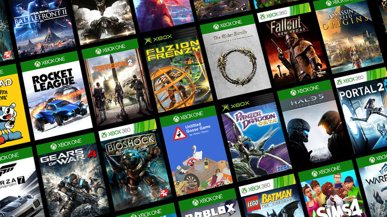 Xbox backward compatibility library showing classic Xbox and Xbox 360 game covers.
