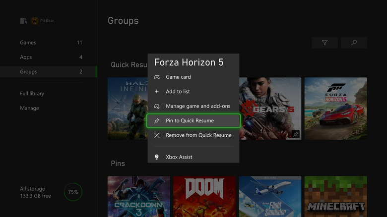 Forza Horizon 5 Quick Resume options shown on an Xbox Series X menu.