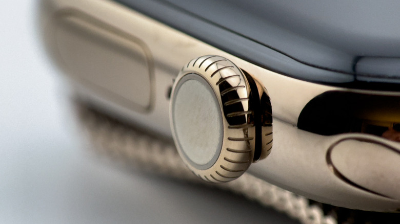A close-up of the Apple Watch's Digital Crown button.
