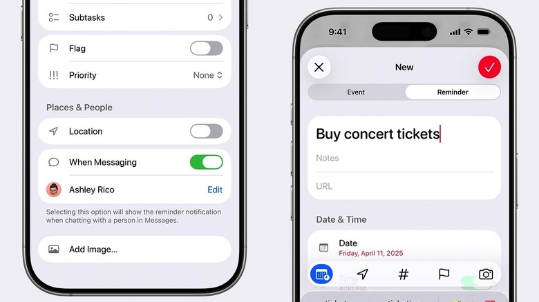 Using Reminders with the Messages app (left) and the Calendar app (right).