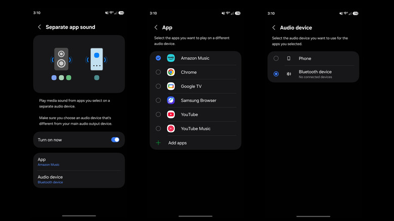 Screenshots of separate app audio settings on a Samsung Galaxy S25 Ultra.