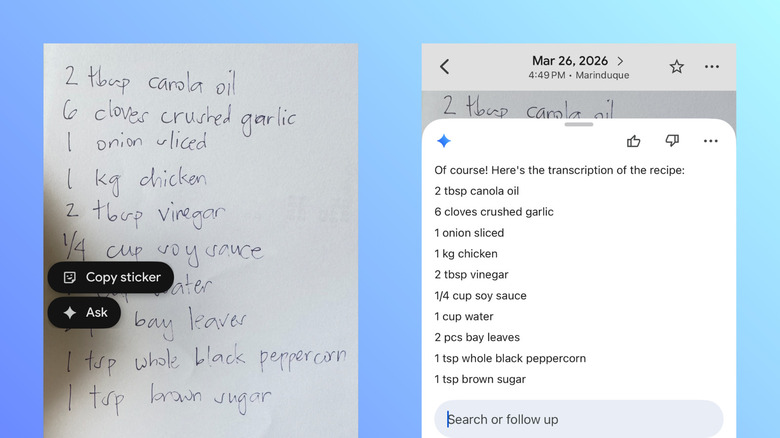 Using Ask Photos on Google Photos to transcribe handwritten text