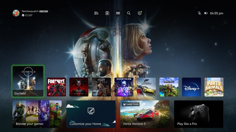 An Xbox open to the home screen with Starfield highlighted. There are also icons for Fortnite, Diablo 4, Assassin's Creed Mirage, Ghostwire Tokyo, Forza Motorsport, Minecraft, Disney+, and Party Animals.