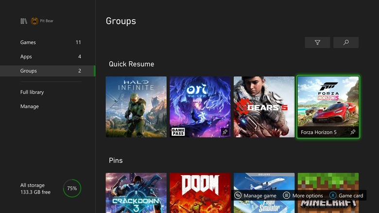 An Xbox Series X open to the Groups menu showing off Quick Resume and Pins