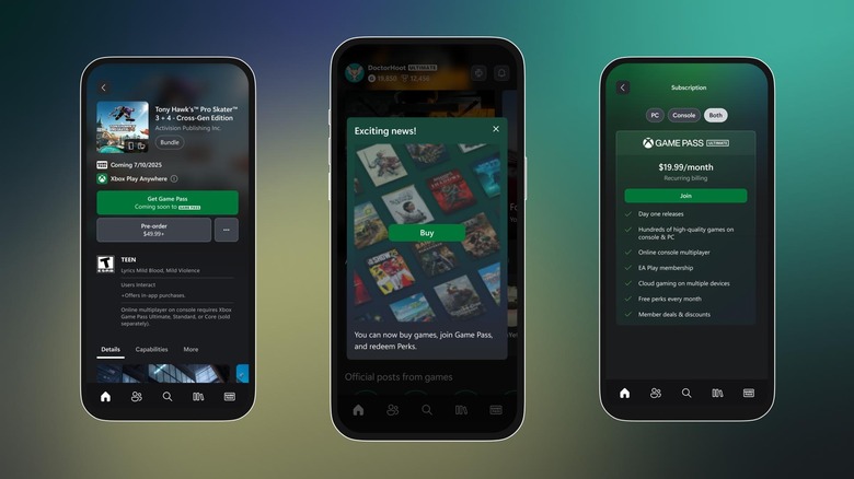 Three phones on a blue and yellow gradient background open on different pages of the Xbox app