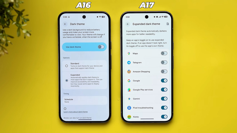 Android 16 and 17 on table with Android 17 showing the Expanded dark theme menu