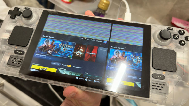Steam Deck mid-upgrade with the DeckHD screen split in two because of BIOS error