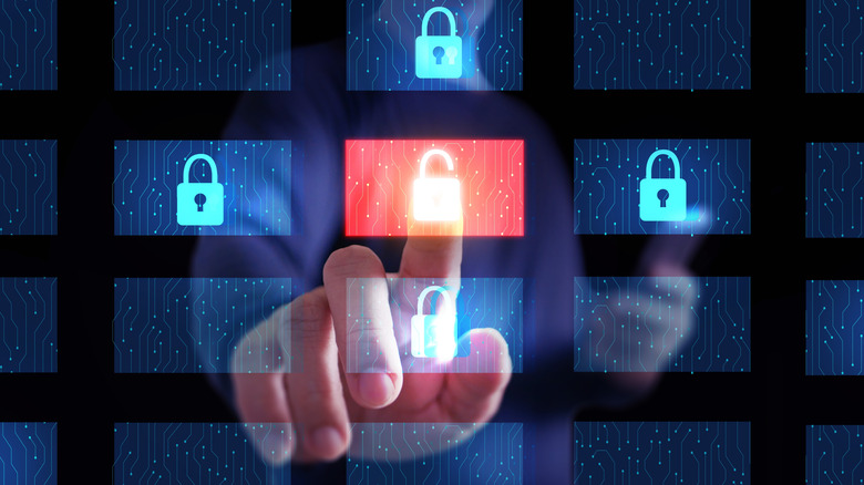 An illustration showing a person touching an unlocked icon next to several lock icons