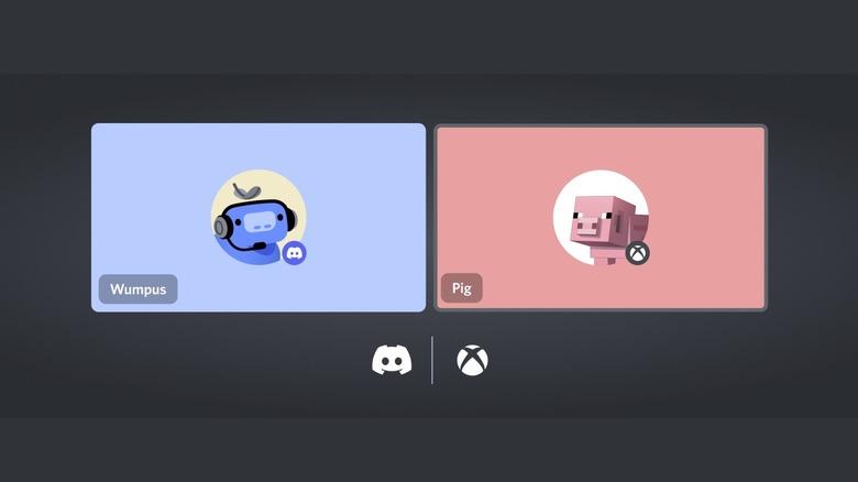 Discord marketing banner showing two Xbox users chatting via voice chat on a grey background.