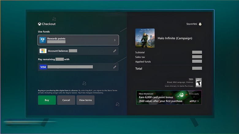 The Xbox checkout screen showcasing how users can spend their Microsoft reward points.