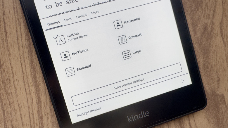 Kindle showing themes for reading interface