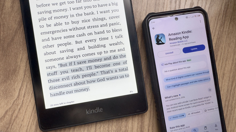 Kindle showing book next to phone showing Kindle app on Google Play Store