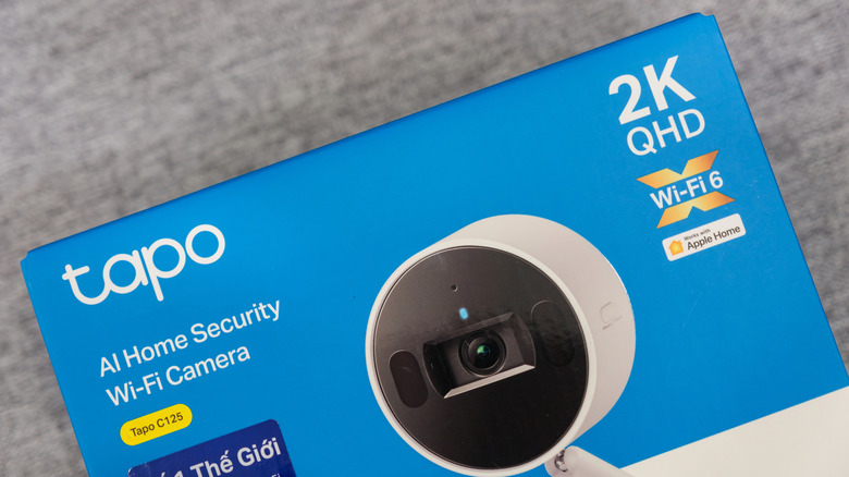 Close-up of a Tapo security camera packaging