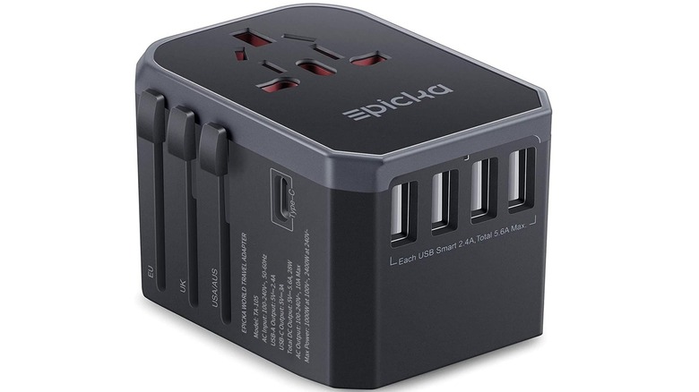 The Epicka Universal Travel Adapter on a white background, showing its ports and controls.