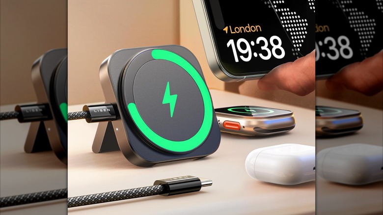 The Lisen MagSafe Charger Stand charging several Apple devices.
