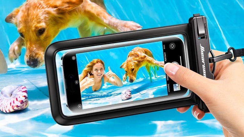 Close-up of a person using Hiearcool Waterproof Phone Pouch under water