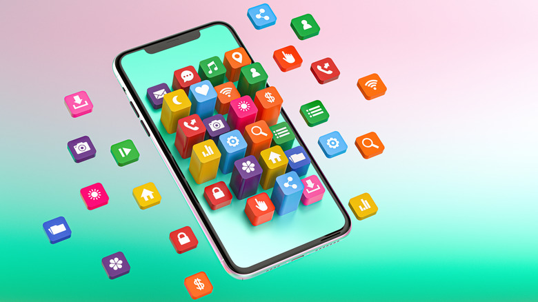 A graphic of a phone with 3D icons flying out of it