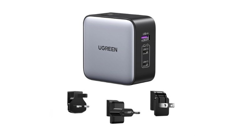 Ugreen 65W USB-C travel adapter with three detachable plug types.