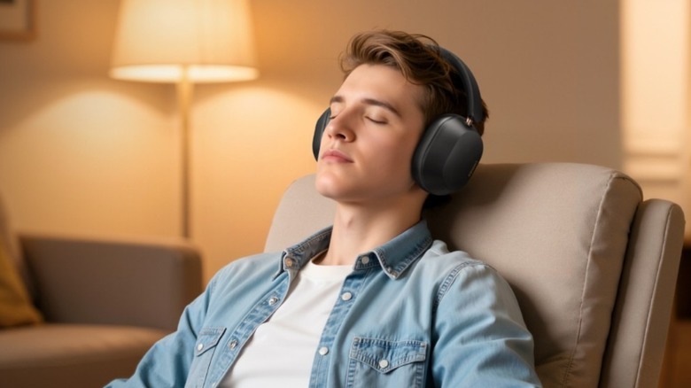 A young man with his eyes closed while wearing the Ugreen HiTune Max5c wireless over ear headphones.