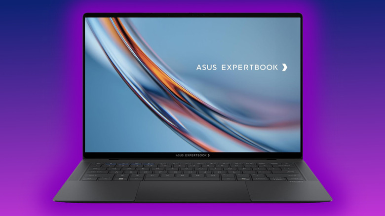 ASUS ExpertBook Ultra with a purple glow on a purple gradient background