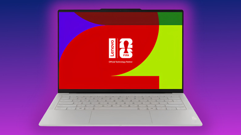 Lenovo Yoga Slim 7i with a purple glow on a purple gradient background