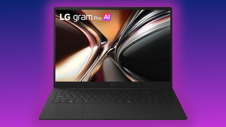 LG Gram Pro 16 with a purple glow on a purple gradient background