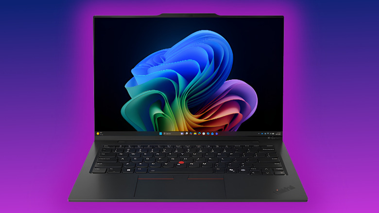 ThinkPad X1 Carbon Gen 13 Aura Edition with a purple glow on a purple gradient background