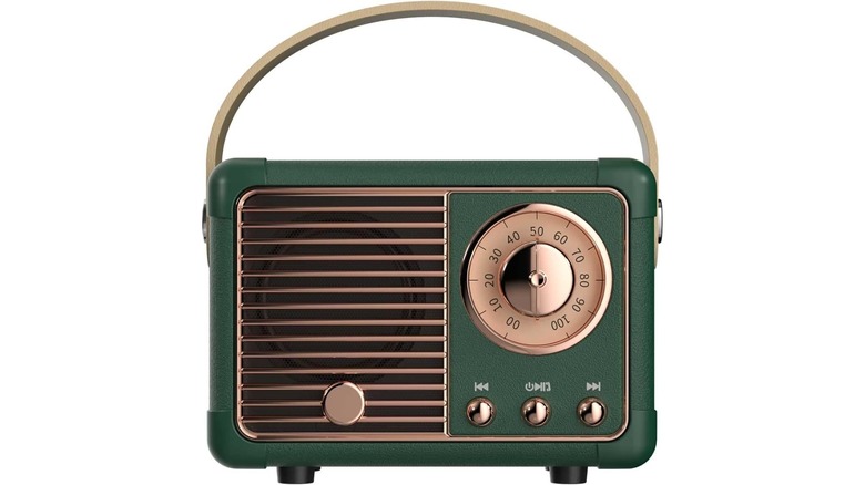 An Amazon promotional photo for a Green Dosmix Retro Bluetooth Speaker