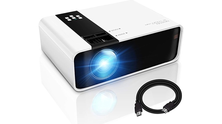 An Amazon promotional photo for the GRC Mini Portable Movie Projector and included HDMI cable