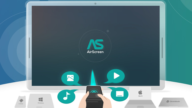 The AirScreen logo on an iPad screen.