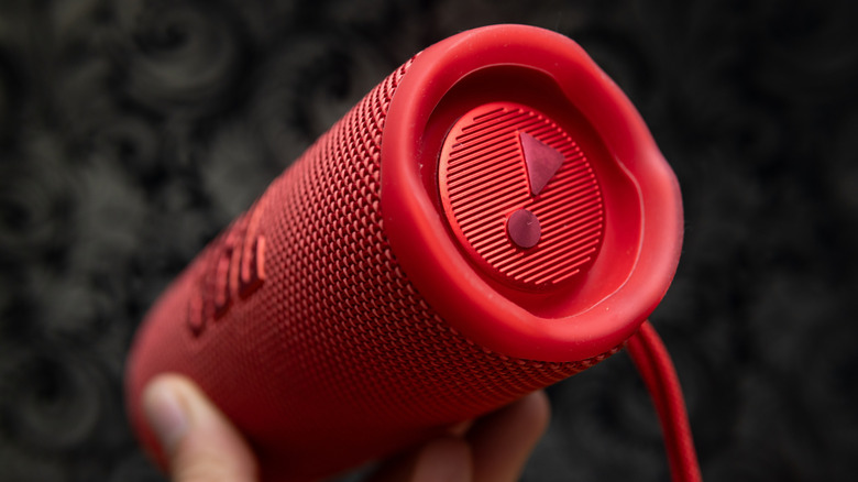 A person holding a JBL speaker.