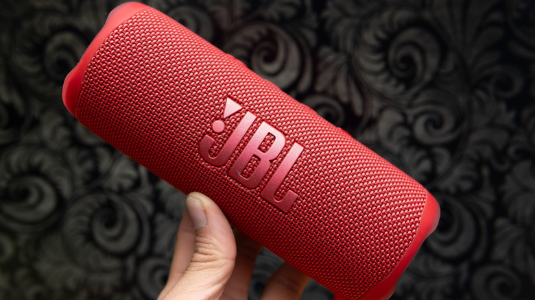 A person holding a JBL speaker.
